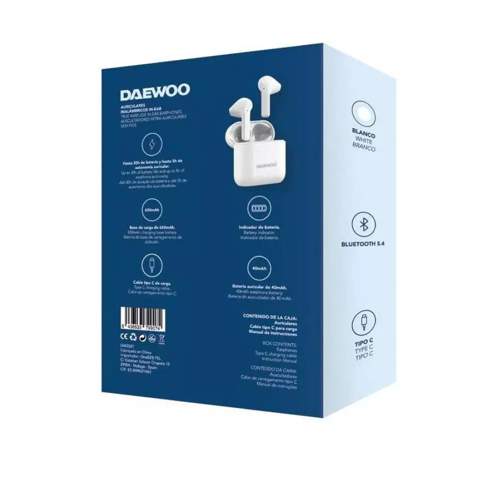 Auriculares inalámbricos Daewoo DW2021 con indicador de carga, Blancos