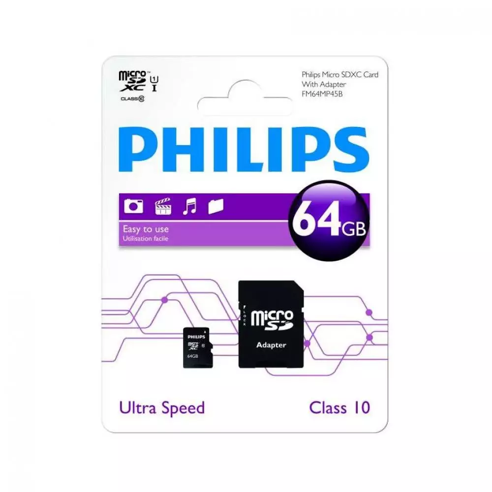 Memoria Micro SDHC Philips 64 GB Clase 10 más Adaptador