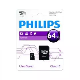 Memoria Micro SDHC Philips 64 GB Clase 10 más Adaptador.