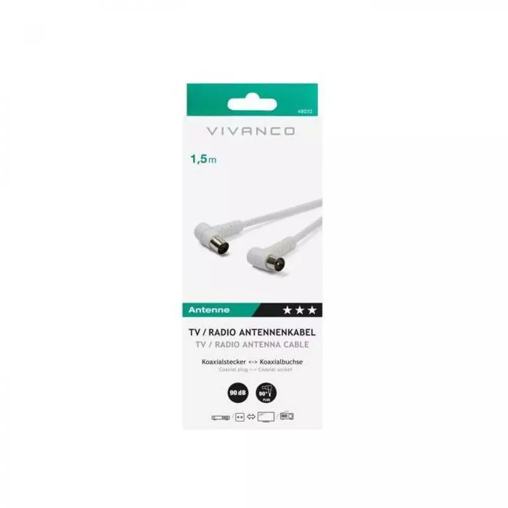 Cable satélite coaxial Vivanco VVANCABMF15090W 1,5m blanco con conectores en ángulo