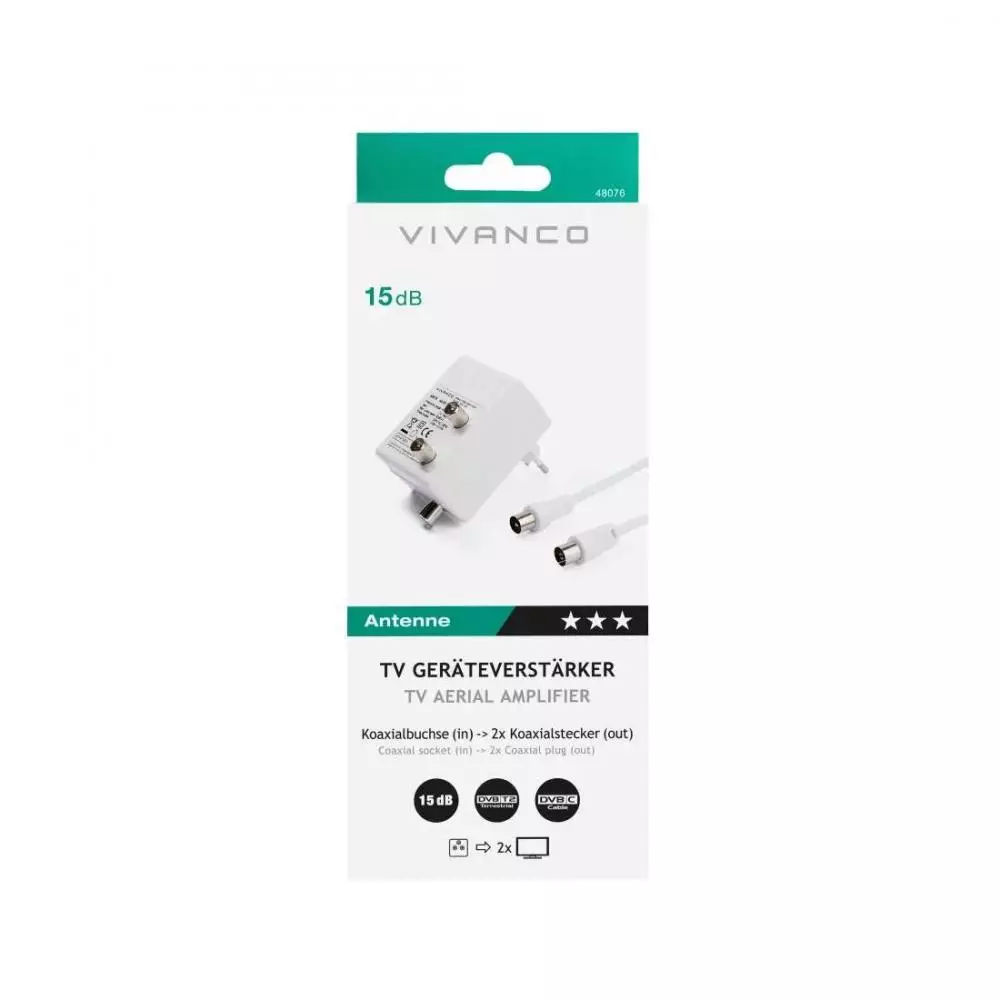 Amplificador de antena Vivanco Coaxial Hembra a dos tomas Macho