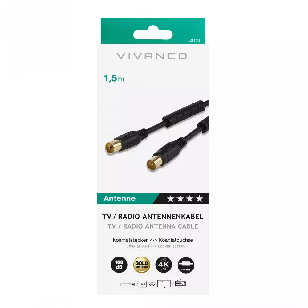 Cable Antena Coaxial Vivanco 100Db 1.5M Apto para dispositivos UHD, 4K y televisores HDR