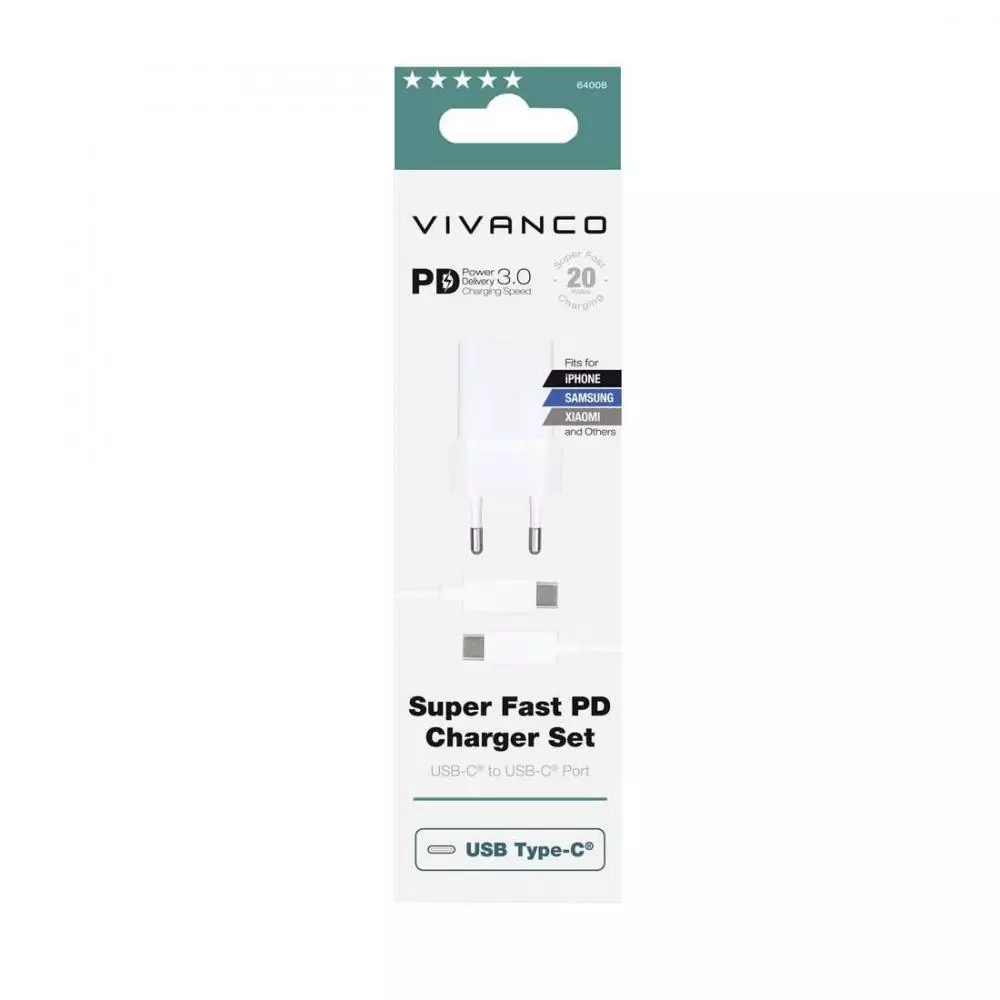 Cargador de pared Vivanco TCVVUSBCPD20W USB-C 20W - 64008